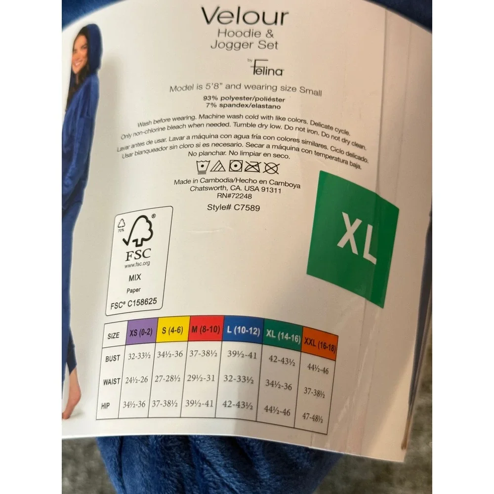 Felina Women Blue Velour Hoodie and Jogger 2 Piece Loungewear Set XL C7589